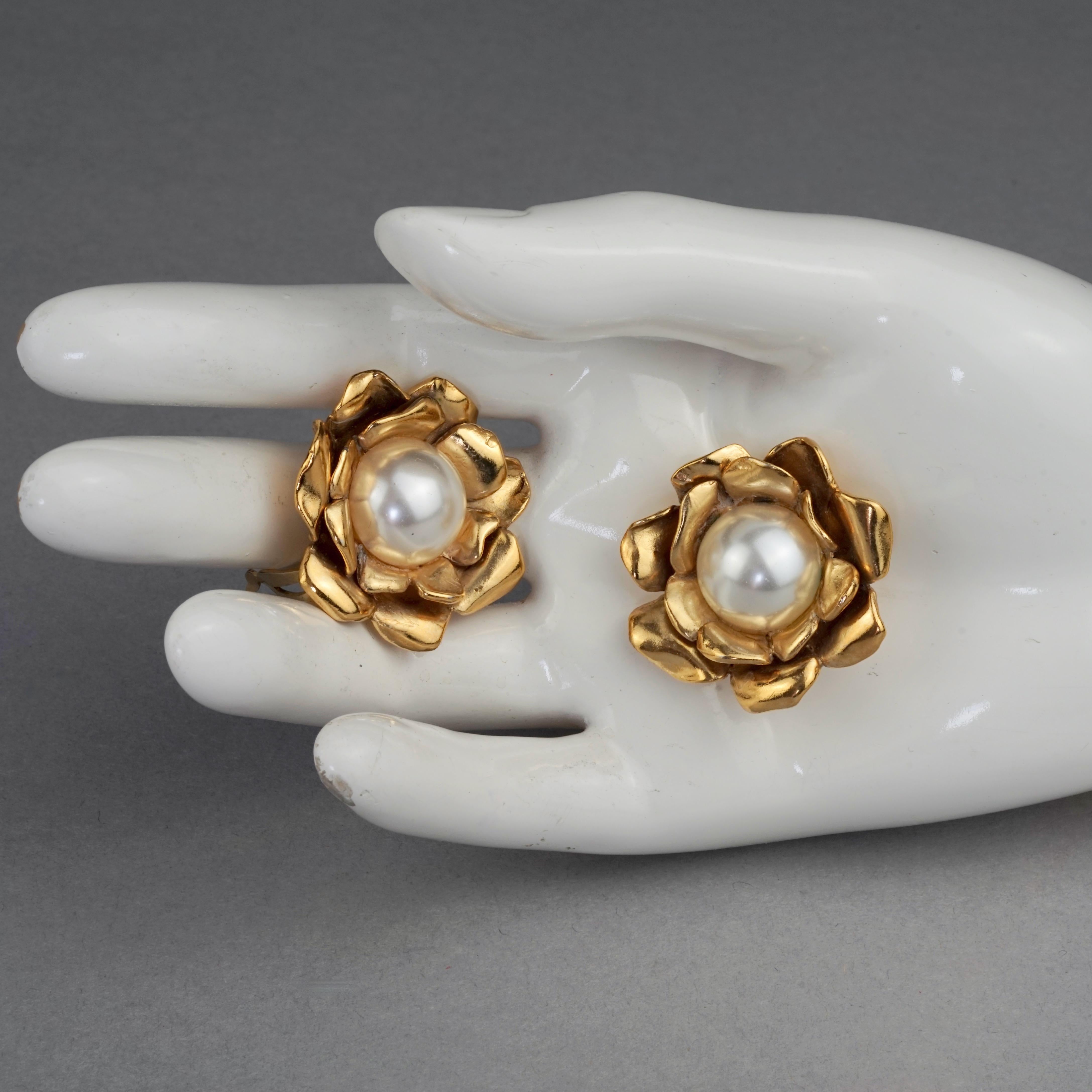 Vintage YVES SAINT LAURENT Ysl Gilt Flower Pearl Earrings For Sale 2