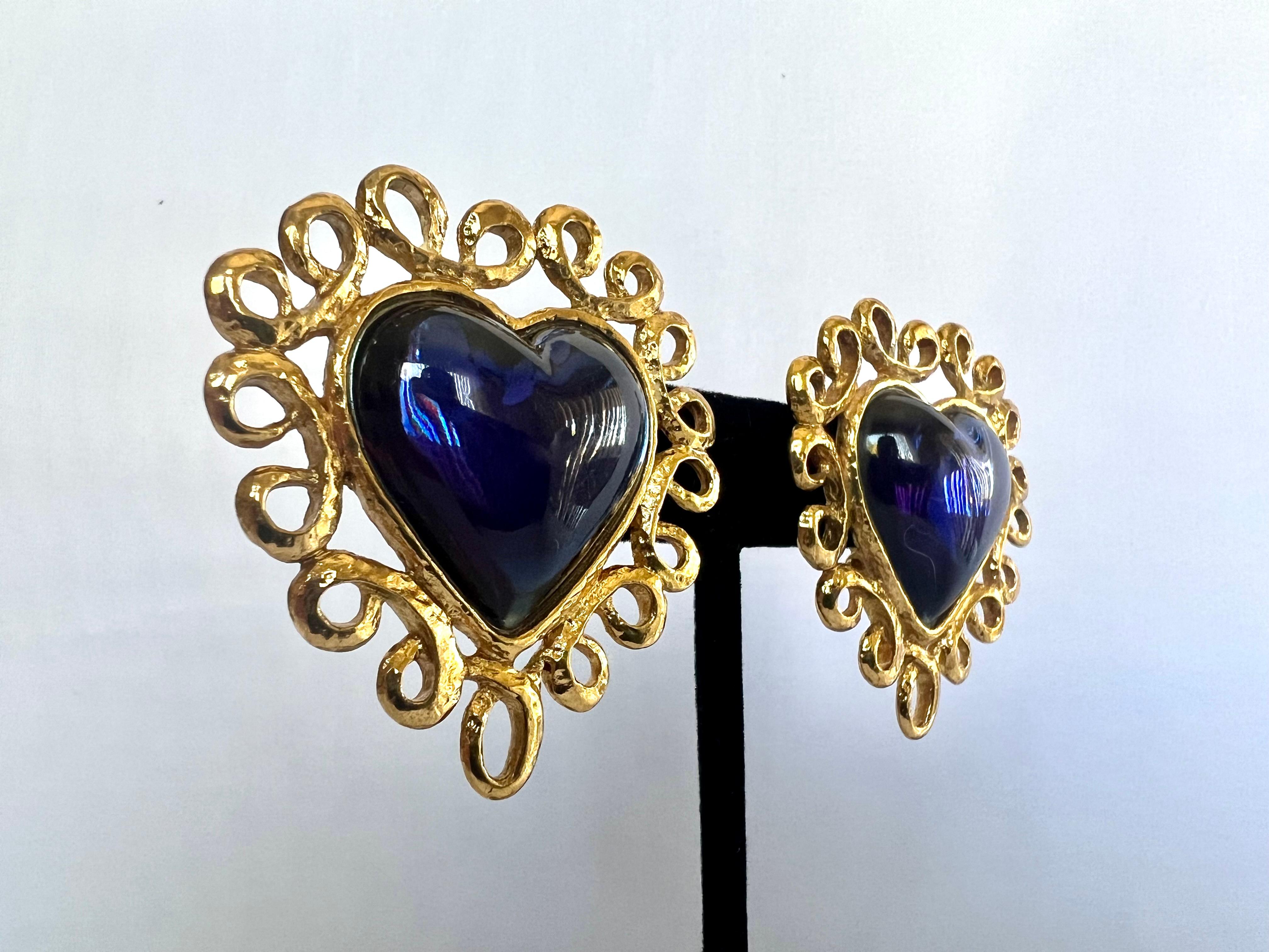 Artisan Vintage Yves Saint Laurent (YSL) Gilt Heart Blue Earrings 