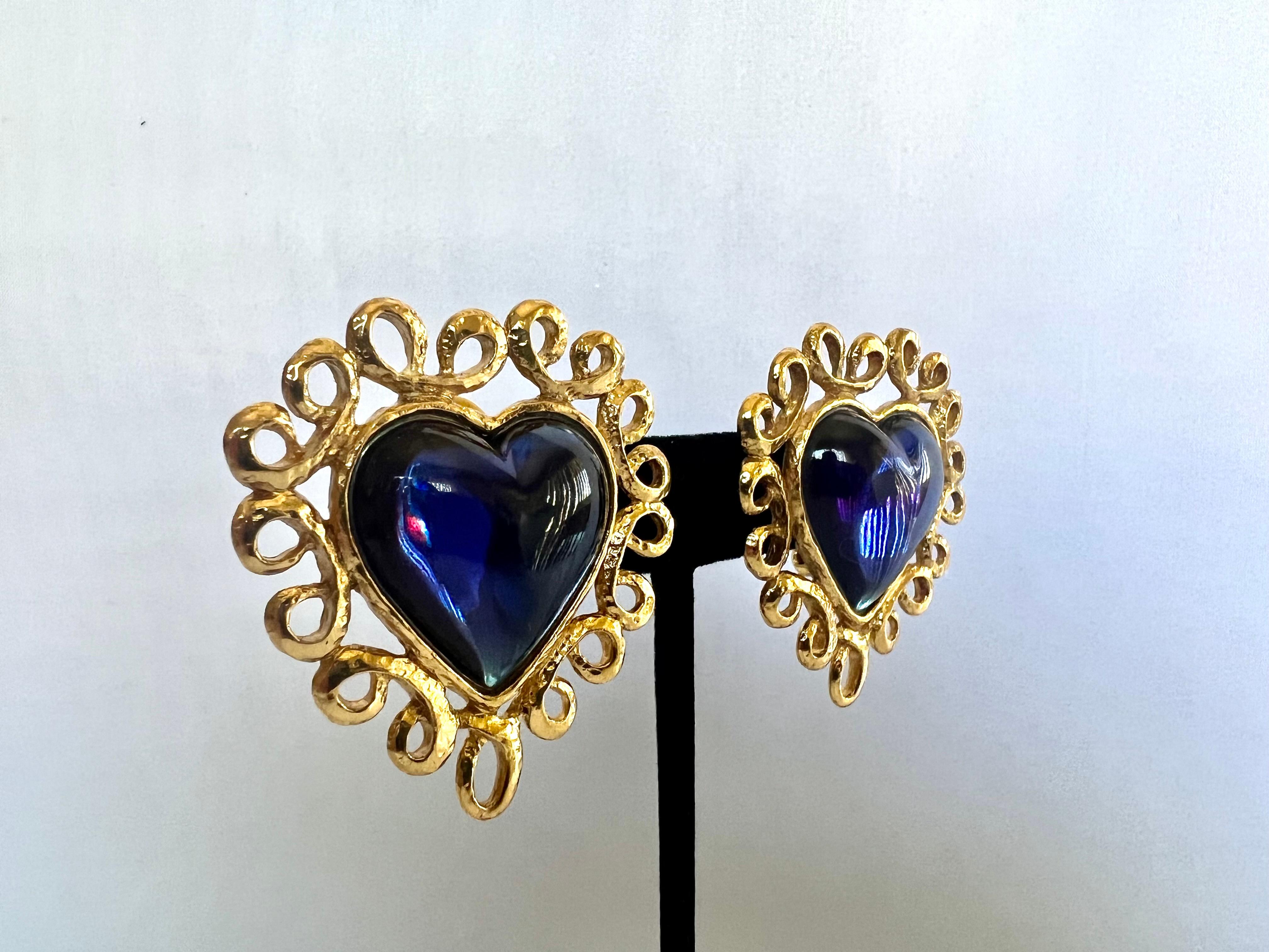 Vintage Yves Saint Laurent (YSL) Gilt Heart Blue Earrings  In Excellent Condition In Palm Springs, CA