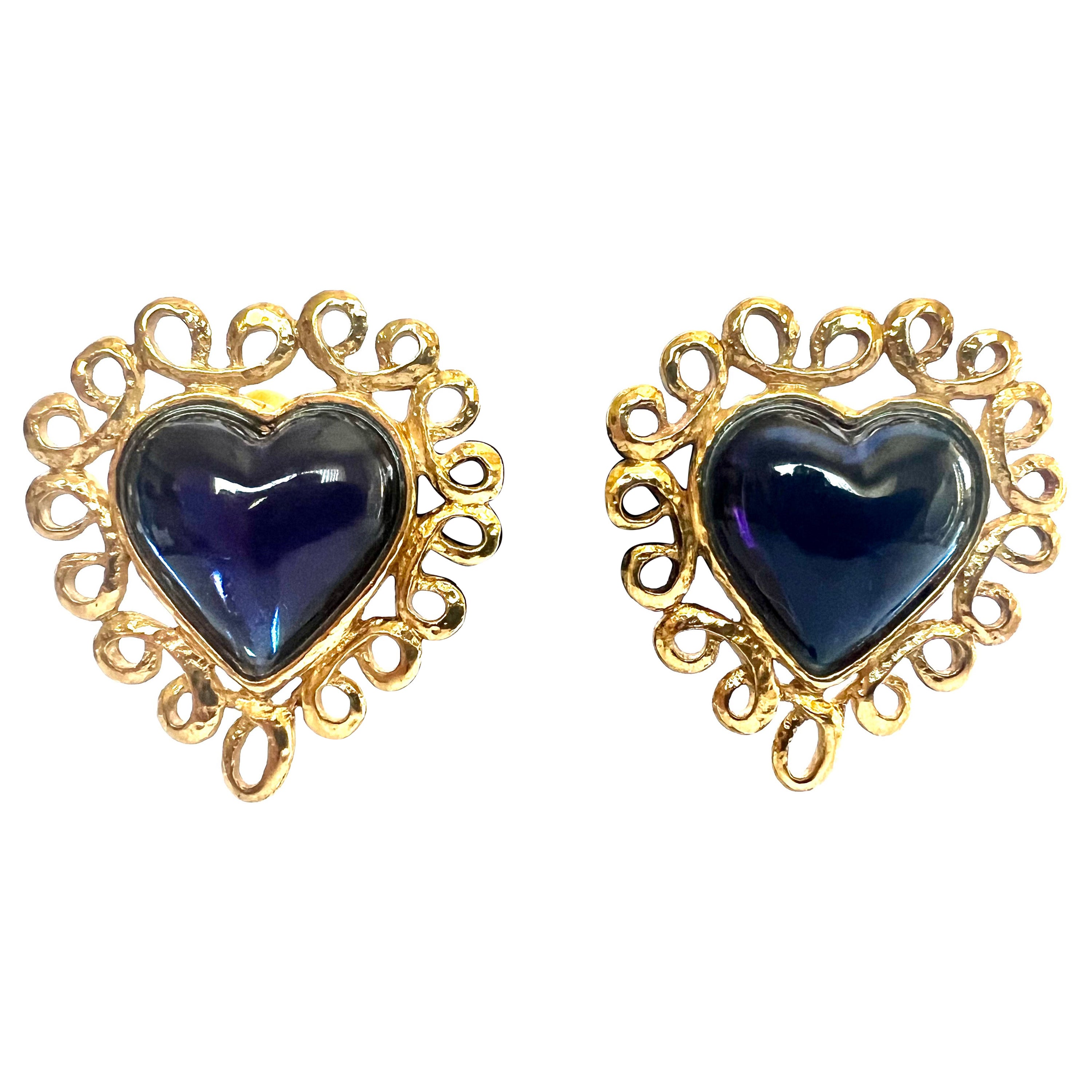 Vintage Yves Saint Laurent (YSL) Gilt Heart Blue Earrings