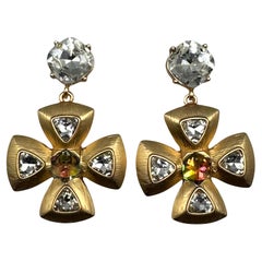 Vintage Yves Saint Laurent, YSL Gold & Crystal Maltese Cross Pendant Earrings