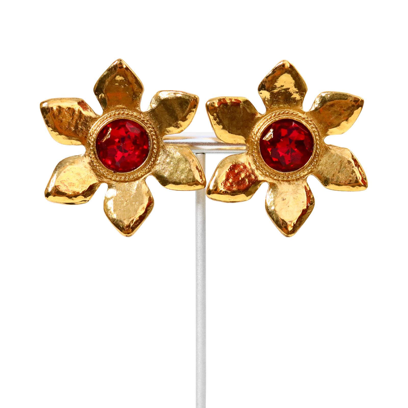 Artist Vintage Yves Saint Laurent YSL Gold Flower with Red Center Earrings Circa 1980s For Sale