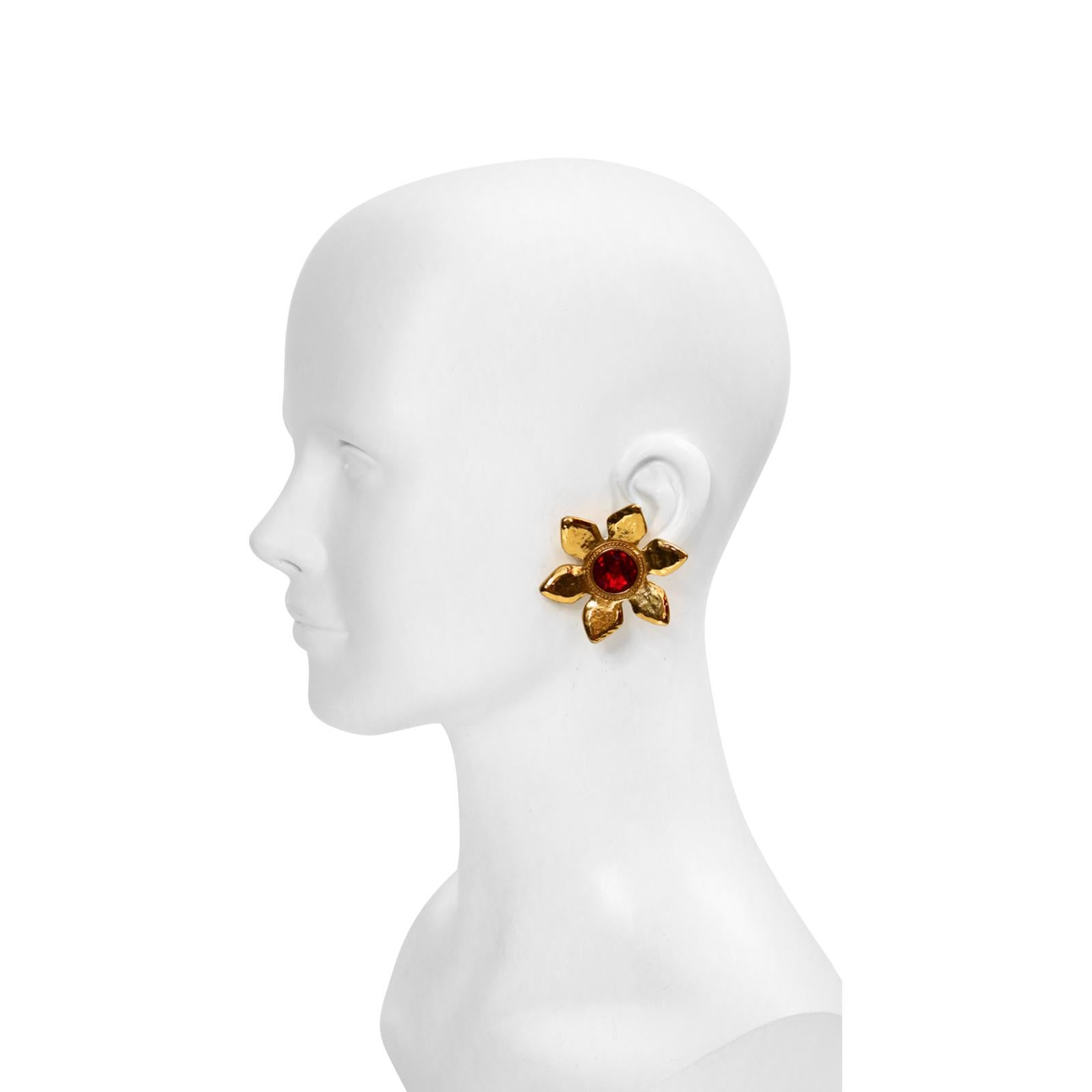 Vintage Yves Saint Laurent YSL Gold Flower with Red Center Earrings Circa 1980s For Sale 1