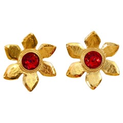 Vintage Yves Saint Laurent YSL Gold Flower with Red Center Earrings Circa 1980s