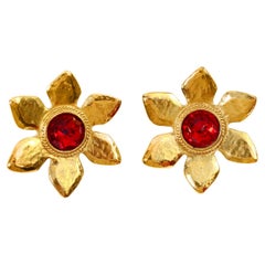 Retro Yves Saint Laurent YSL Gold Flower with Red Center Earrings Circa 1980s