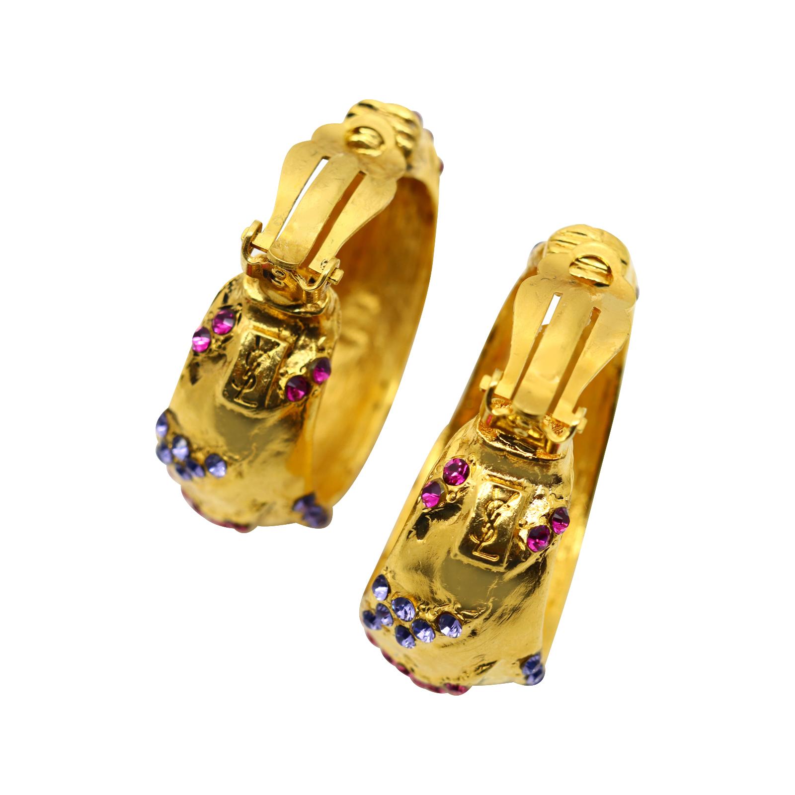 Vintage Yves Saint Laurent YSL Gold Crystal  Hoop Earrings Circa 1990s For Sale 2