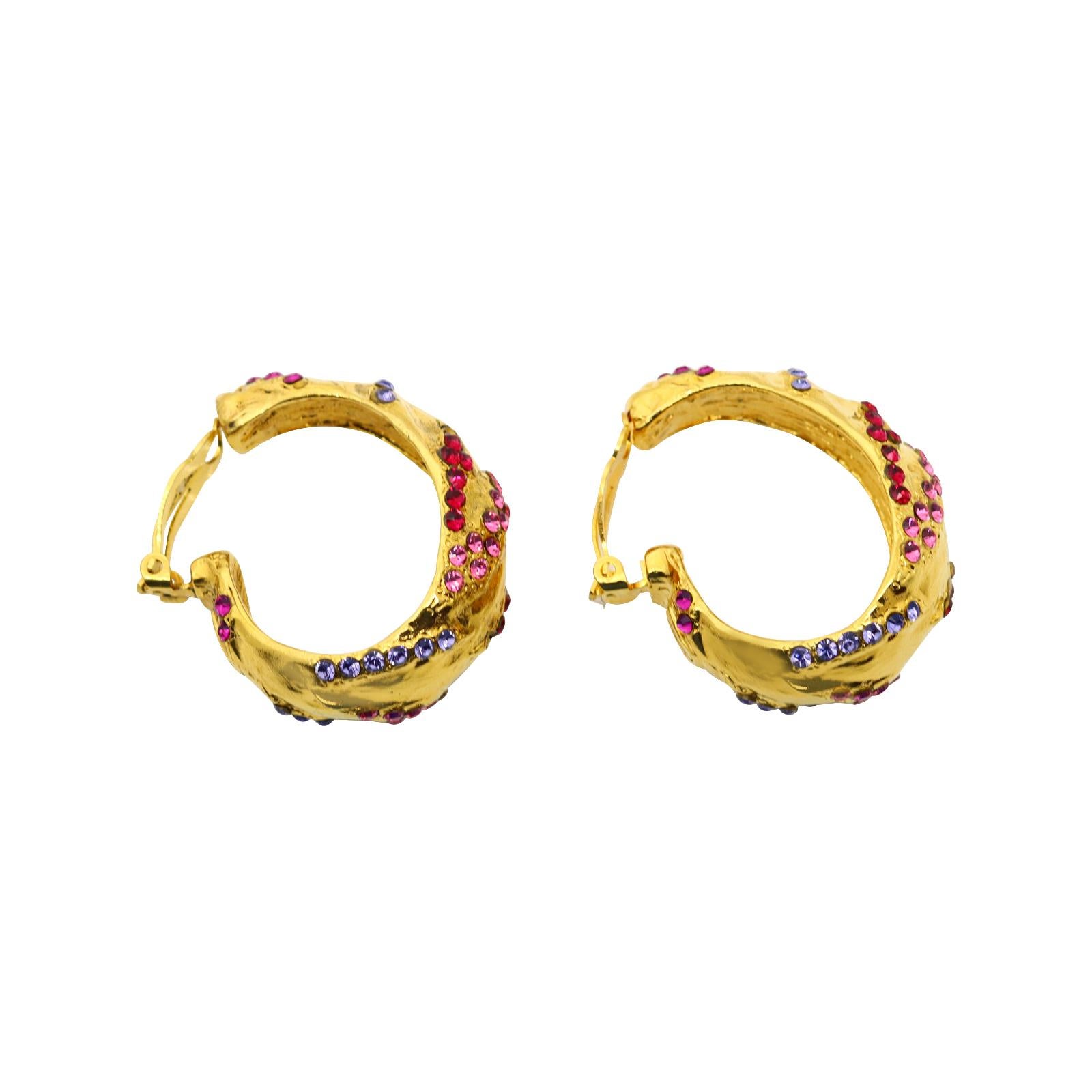 Vintage Yves Saint Laurent YSL Gold Crystal  Hoop Earrings Circa 1990s For Sale 1