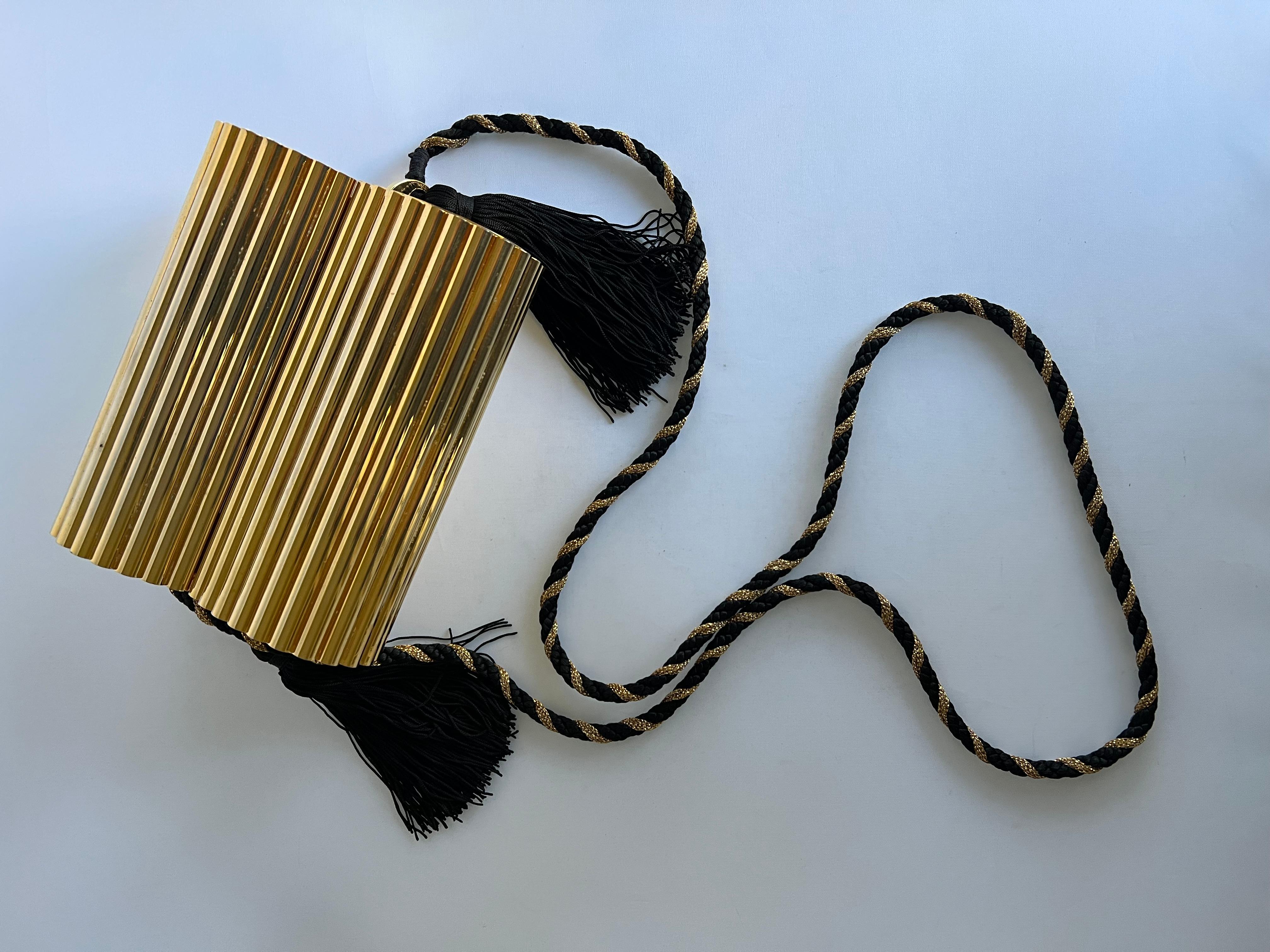 Vintage YVES SAINT LAURENT YSL Gold Metal Minaudiere Tassel Shoulder Bag In Excellent Condition In Palm Springs, CA