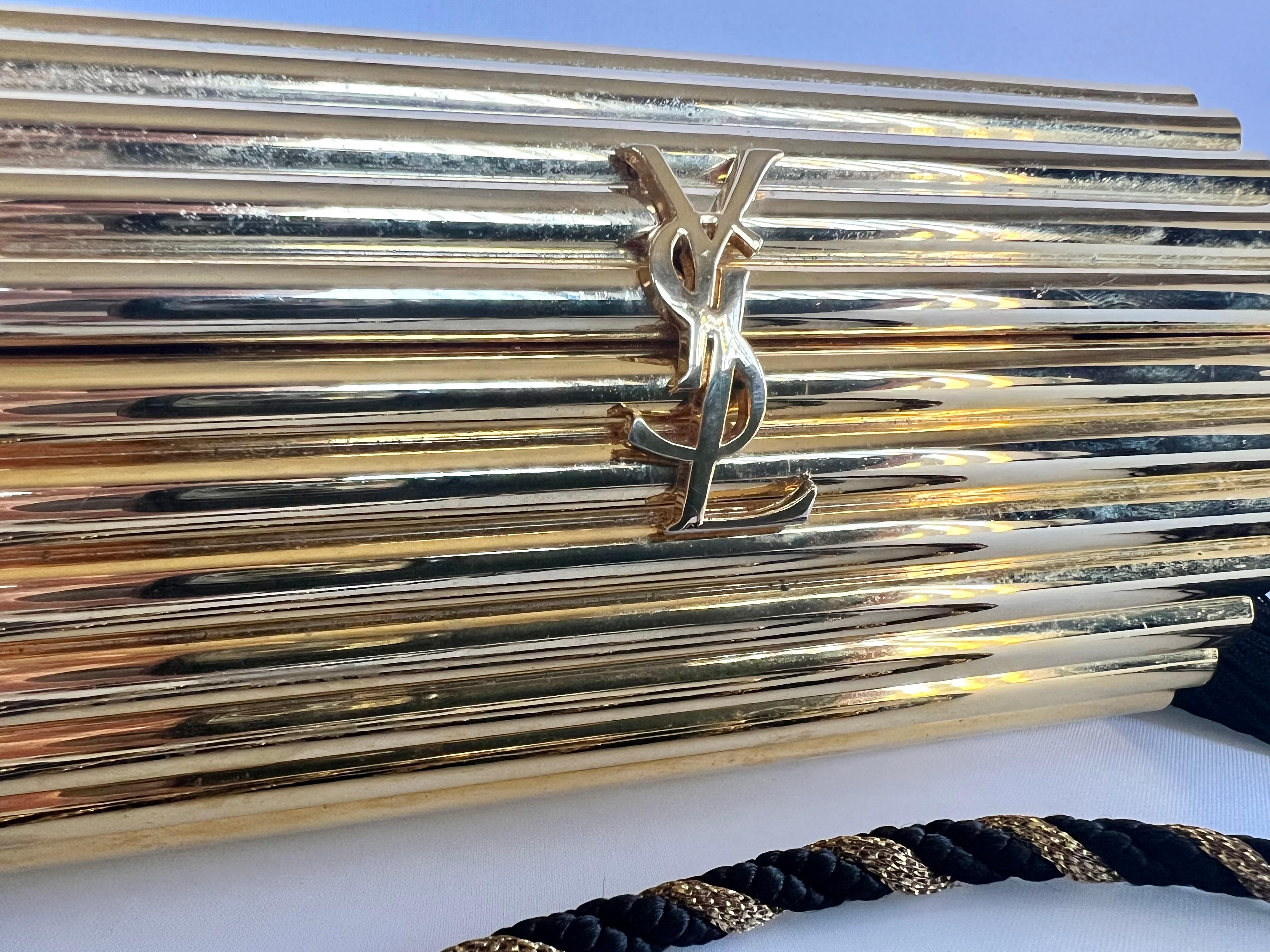 Vintage YVES SAINT LAURENT YSL Gold Metal Minaudiere Tassel Shoulder Bag 1