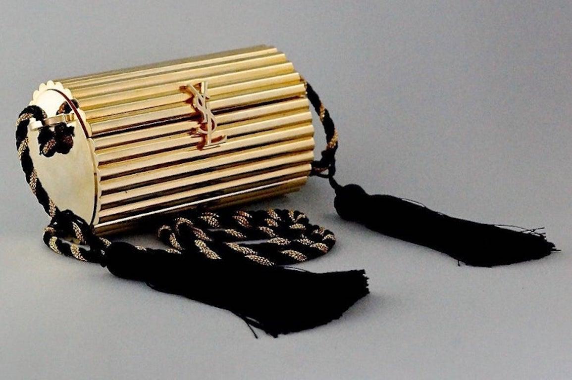 Black Vintage YVES SAINT LAURENT Ysl Gold Metal Minaudiere Tassel Shoulder Bag