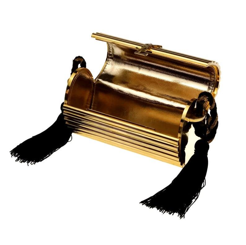 Vintage YVES SAINT LAURENT Ysl Gold Metal Minaudiere Tassel Shoulder Bag 1
