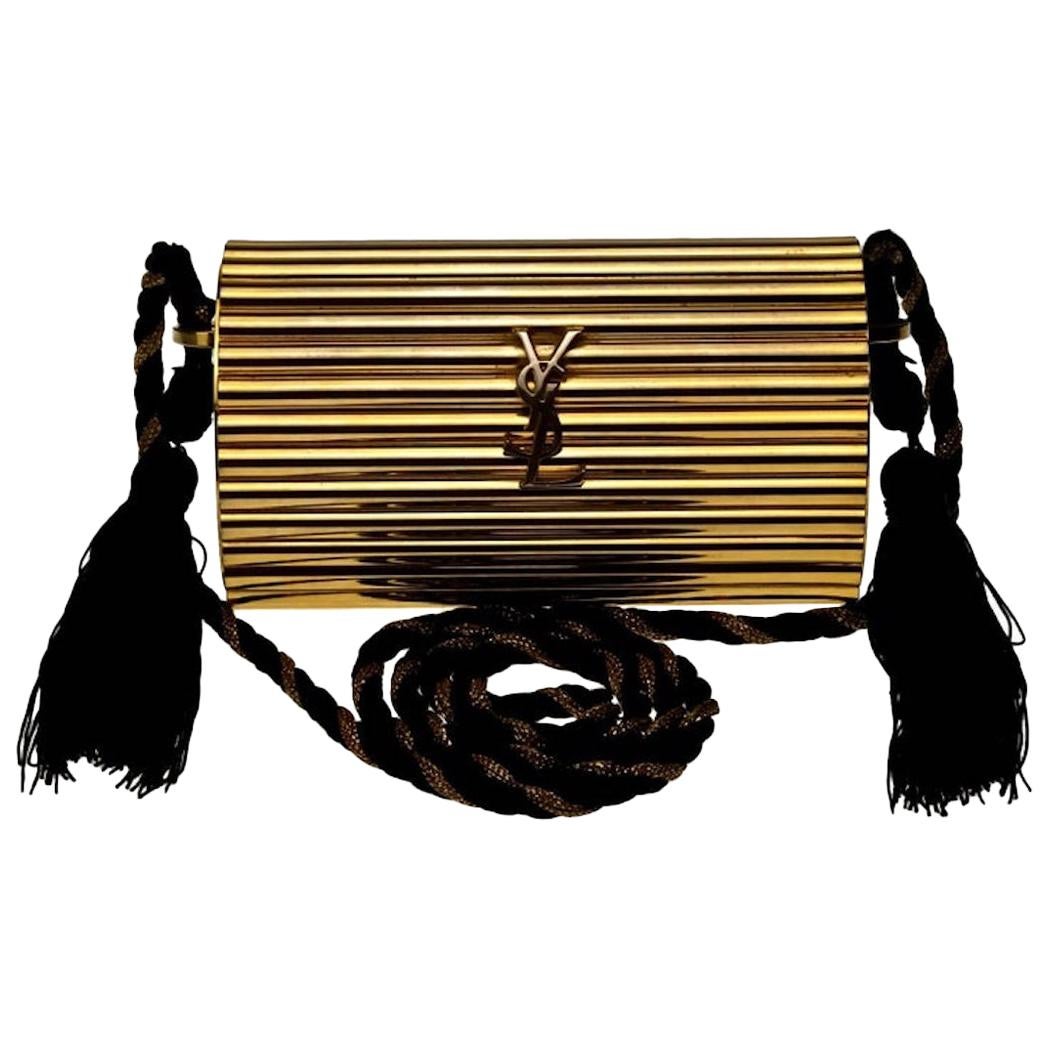 Vintage YVES SAINT LAURENT Ysl Gold Metal Minaudiere Tassel Shoulder Bag