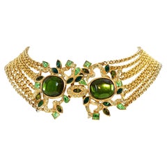Vintage Yves Saint Laurent YSL Gold Necklace With Green Diamante Circa 1980s
