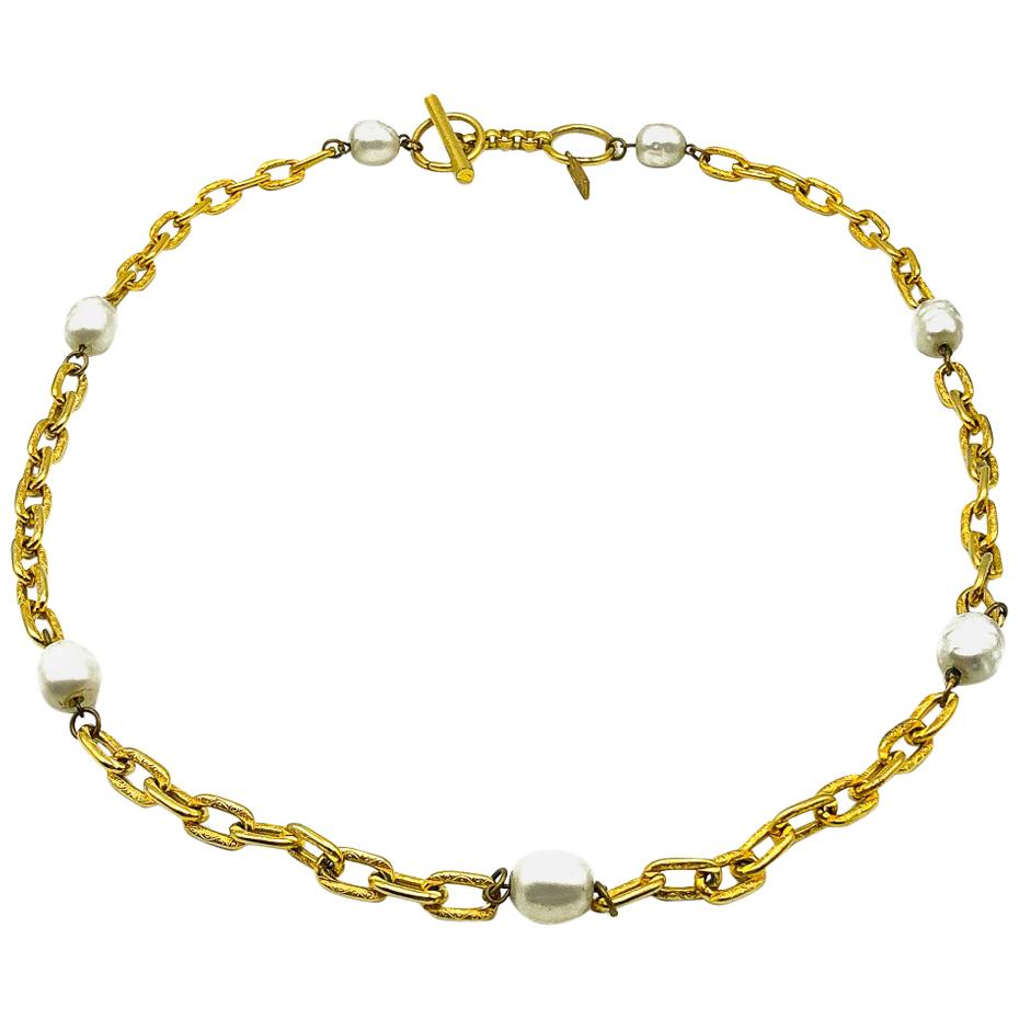 Vintage Yves Saint Laurent YSL Gold & Gripoix Pearl Long Sautoir Necklace 1980s In Good Condition In Wilmslow, GB
