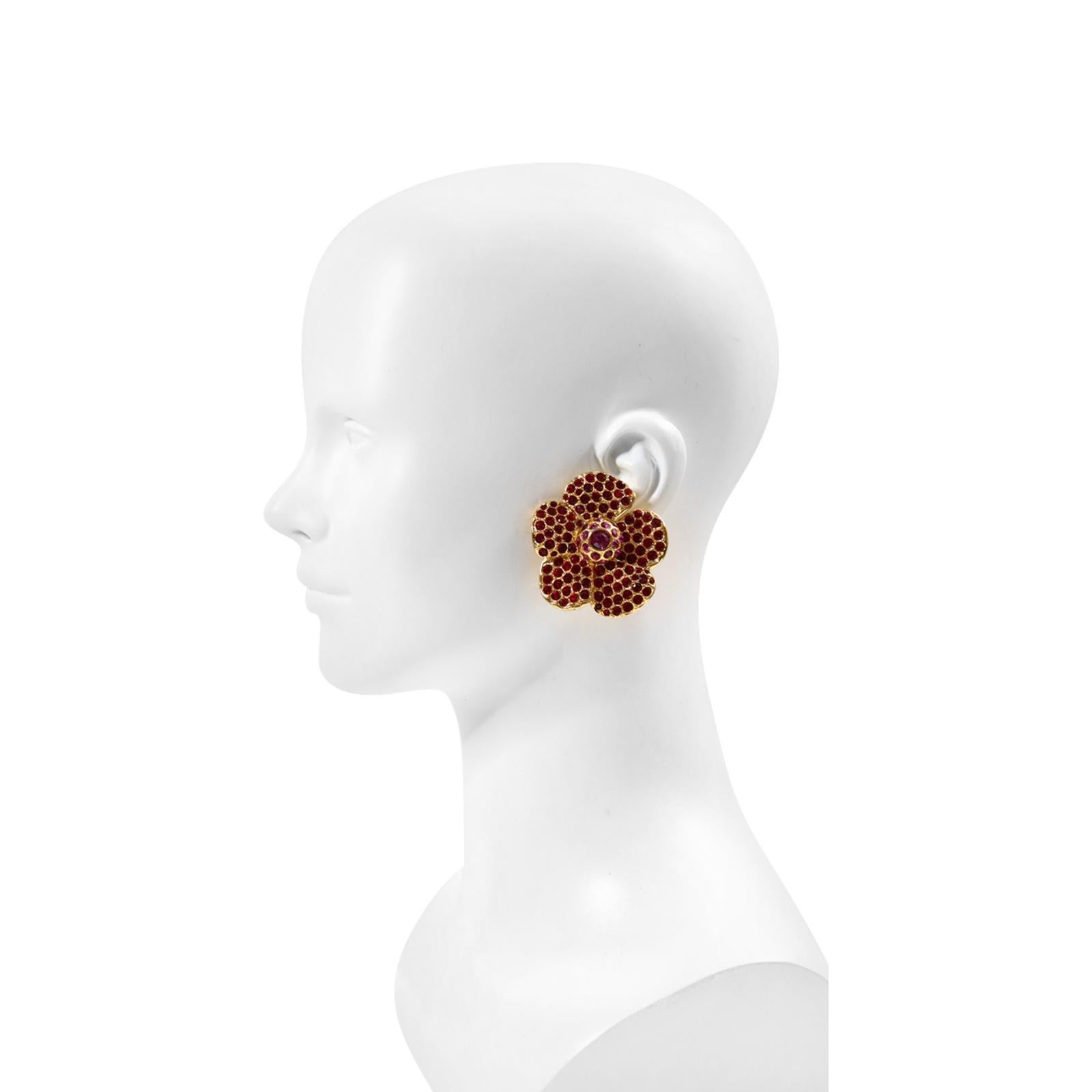 Artist Vintage Yves Saint Laurent YSL Gold Pink and Red Flower Earrings Circa 1980's For Sale