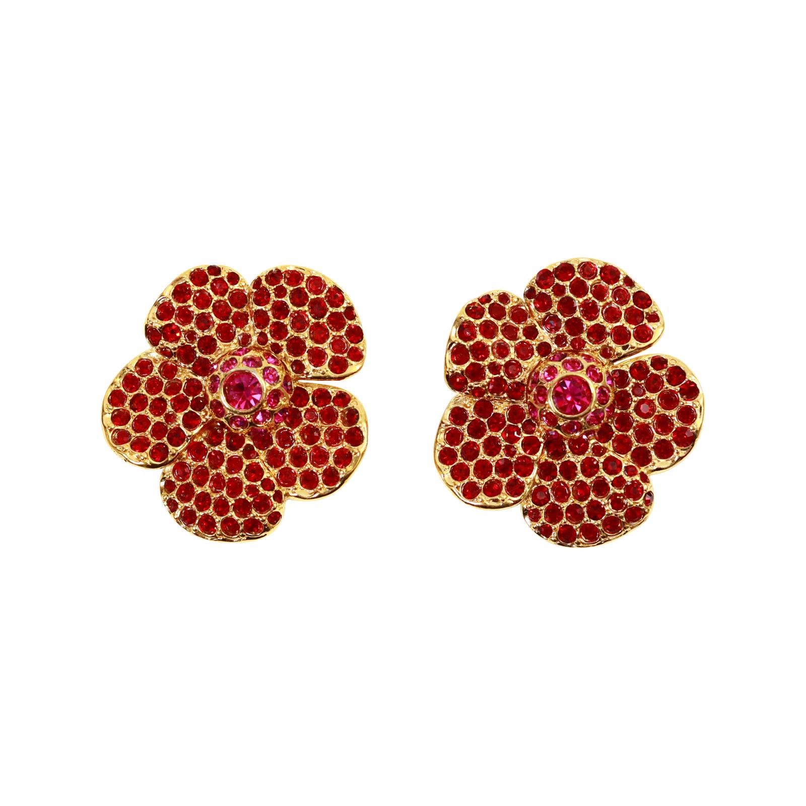 Vintage Yves Saint Laurent YSL Gold Pink and Red Flower Earrings Circa 1980's In Good Condition For Sale In New York, NY