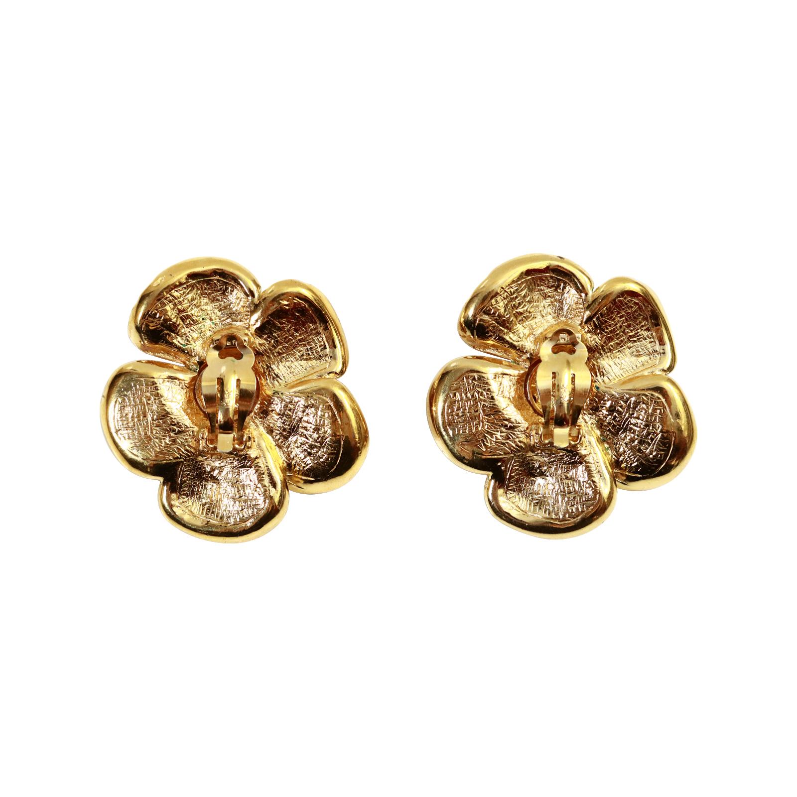 Women's Vintage Yves Saint Laurent YSL Gold Pink and Red Flower Earrings Circa 1980's For Sale