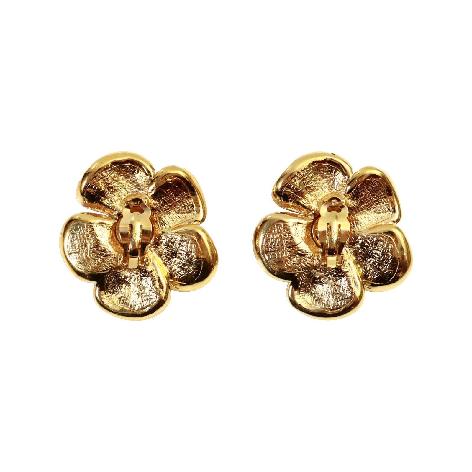 Vintage Yves Saint Laurent YSL Gold Pink and Red Flower Earrings Circa 1980's For Sale 1