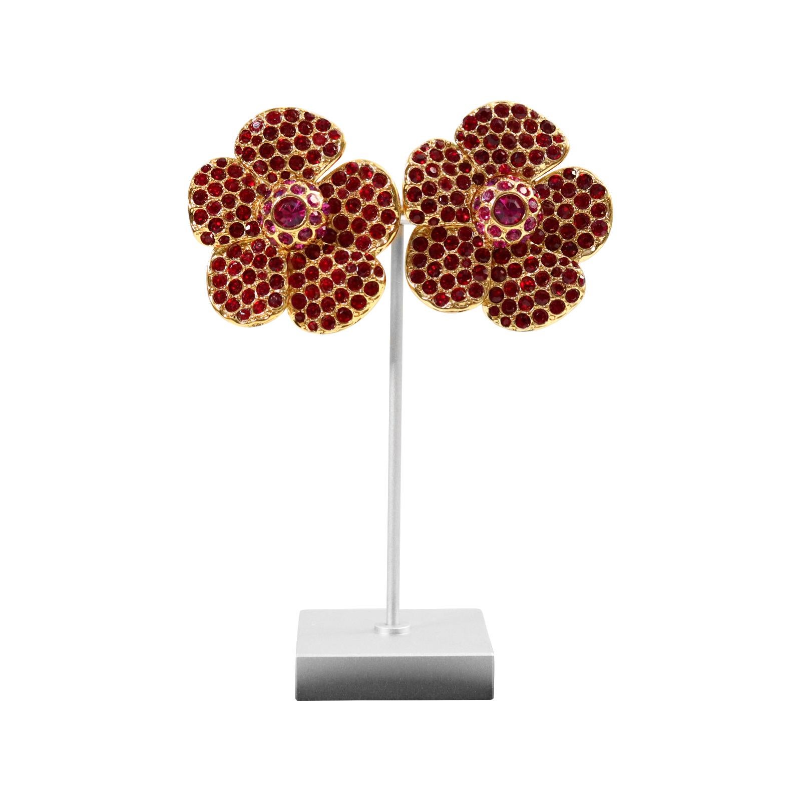 Vintage Yves Saint Laurent YSL Gold Pink and Red Flower Earrings Circa 1980's For Sale 2