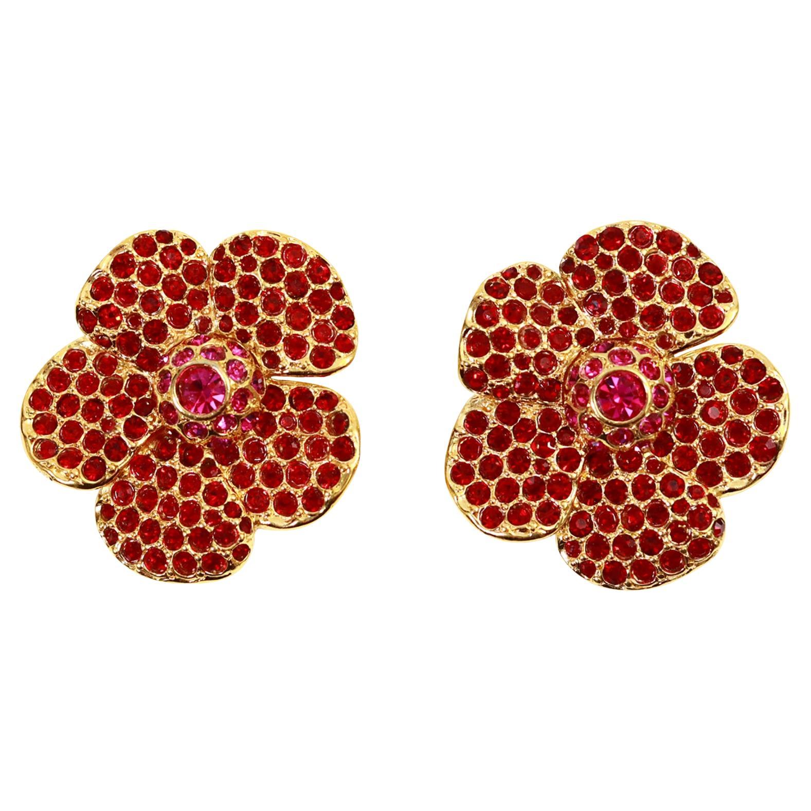 Vintage Yves Saint Laurent YSL Gold Rosa und Rot Blumenohrringe Circa 1980er Jahre im Angebot