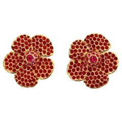 Vintage Yves Saint Laurent YSL Gold Pink and Red Flower Earrings Circa 1980's