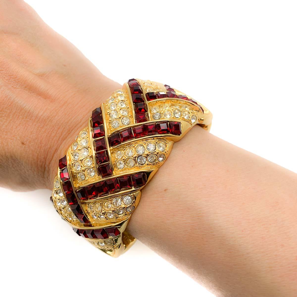 Vintage Yves Saint Laurent YSL Gold Ruby Crystal Cuff 1980s In Good Condition For Sale In Wilmslow, GB