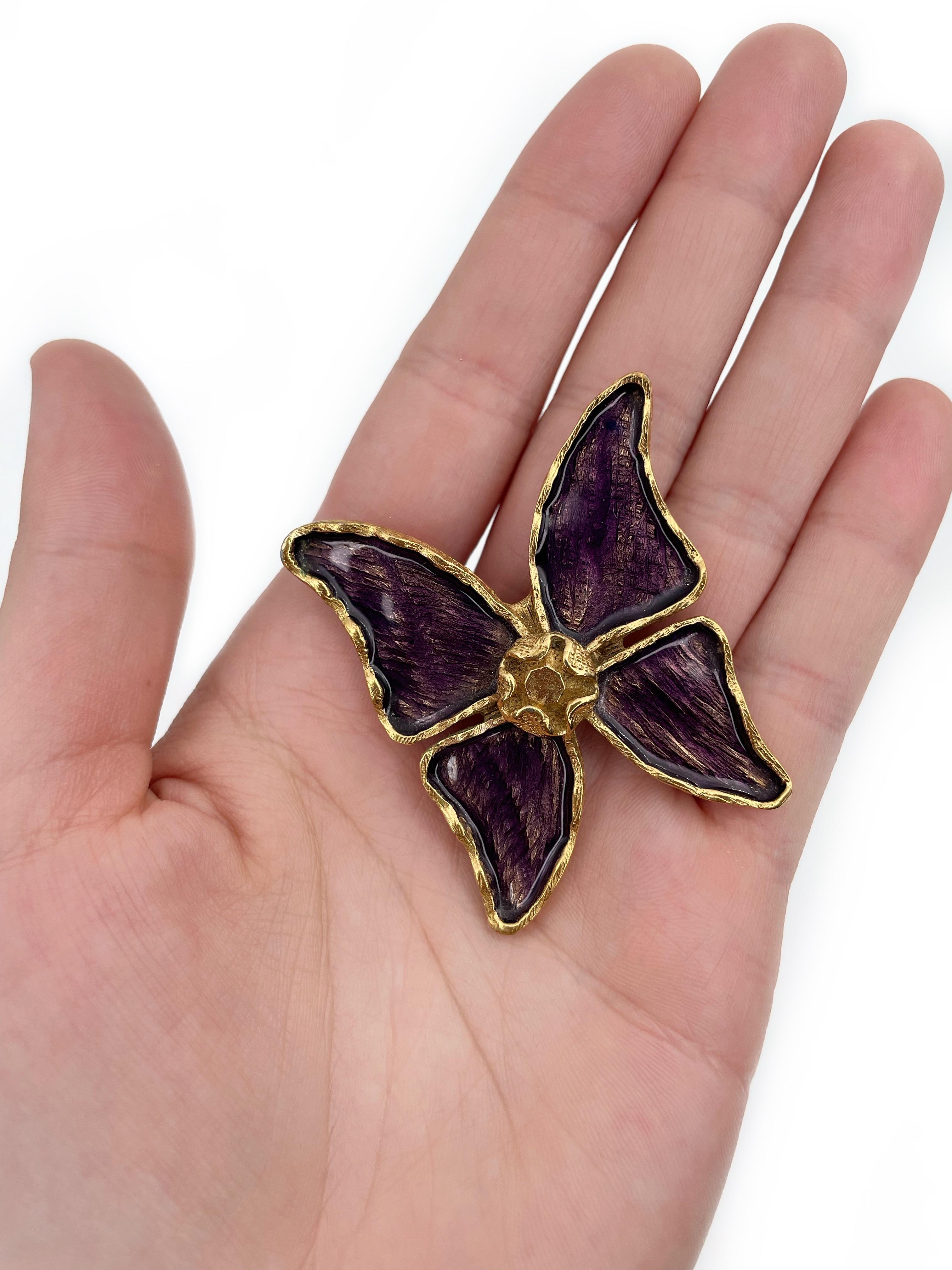 1980s Vintage Yves Saint Laurent YSL Gold Tone Purple Enamel Butterfly Brooch 2
