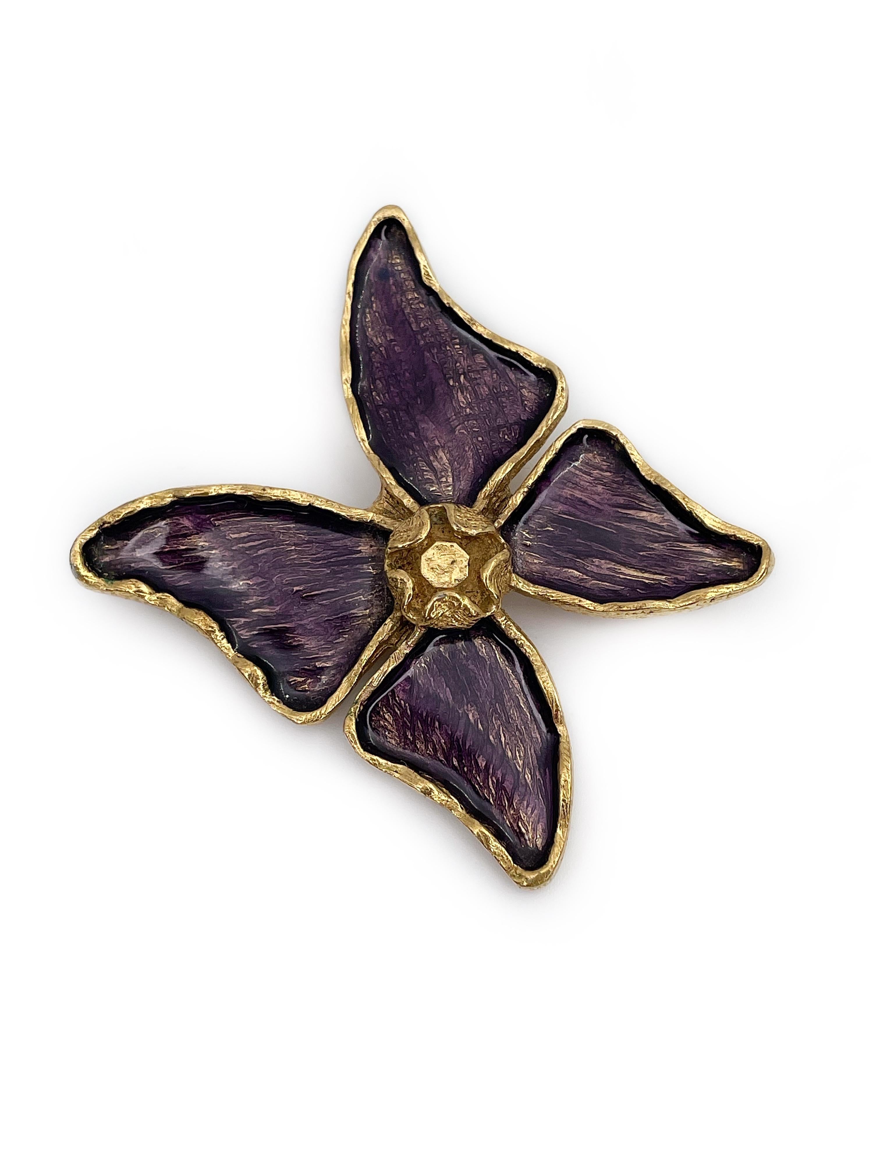 Modern 1980s Vintage Yves Saint Laurent YSL Gold Tone Purple Enamel Butterfly Brooch