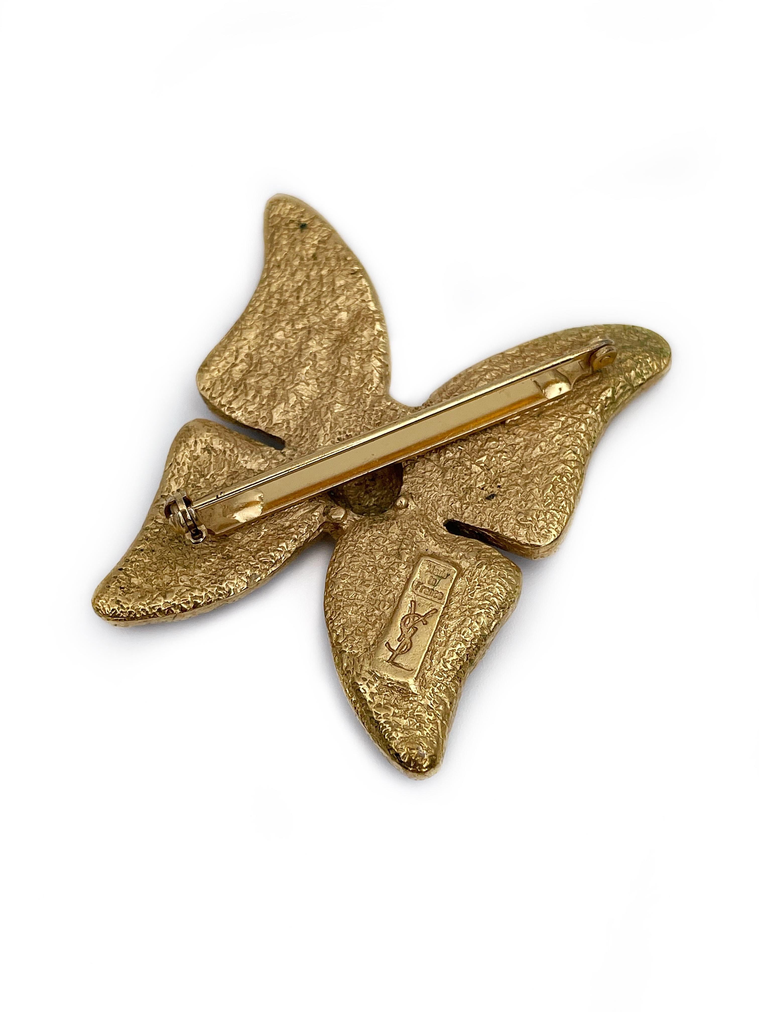 1980s Vintage Yves Saint Laurent YSL Gold Tone Purple Enamel Butterfly Brooch 1