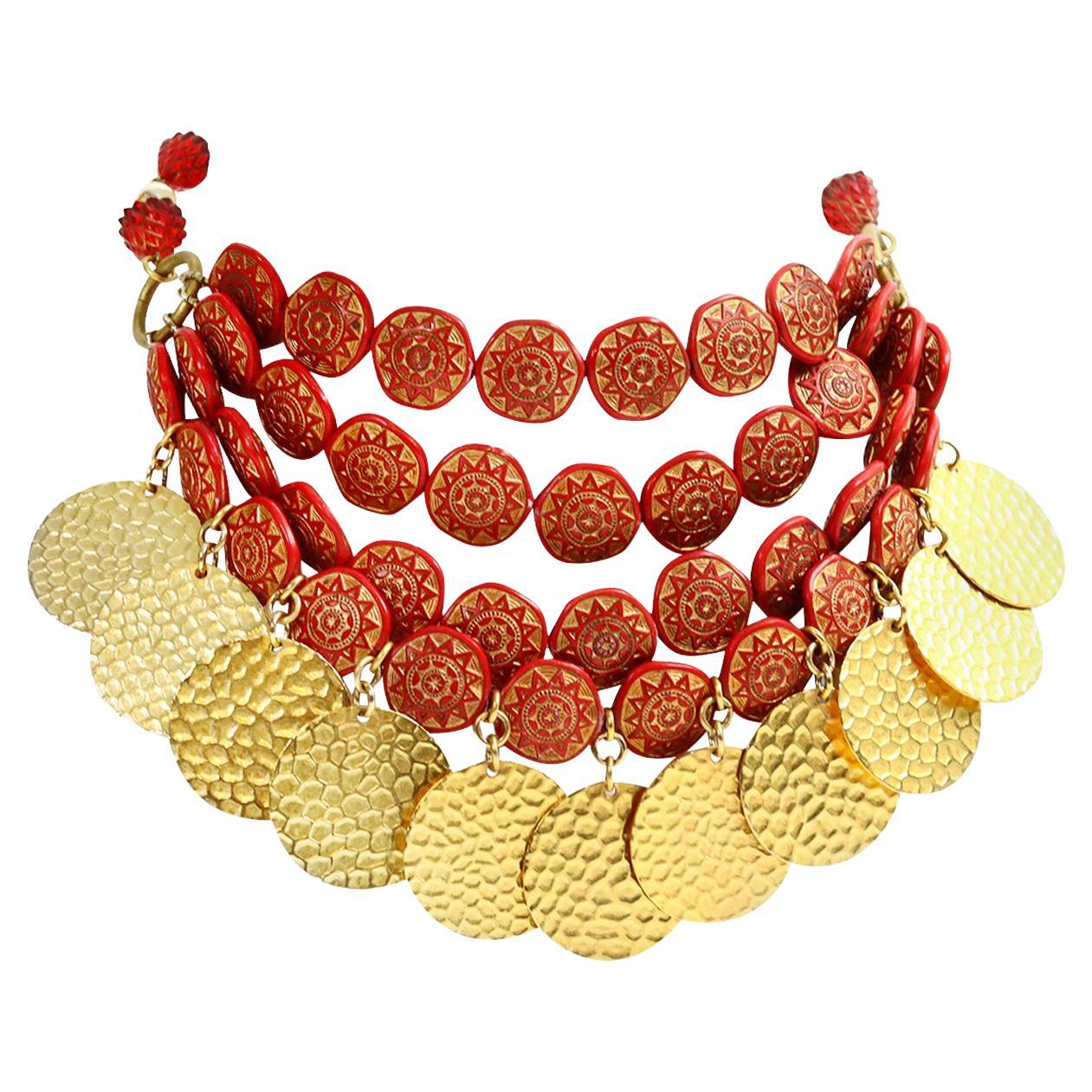 Vintage Yves Saint Laurent YSL Gold Tone Red Discs Dangling Choker Circa 1980s For Sale