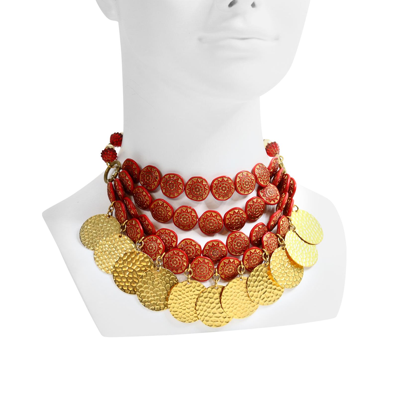 Vintage Yves Saint Laurent YSL Gold Tone Red Discs Dangling Choker.  Created for the defile. 12-16.5