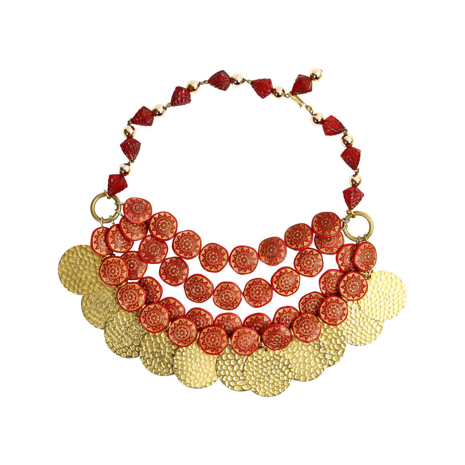 Vintage Yves Saint Laurent YSL Gold Tone Red Discs Dangling Choker Circa 1980s In Good Condition For Sale In New York, NY