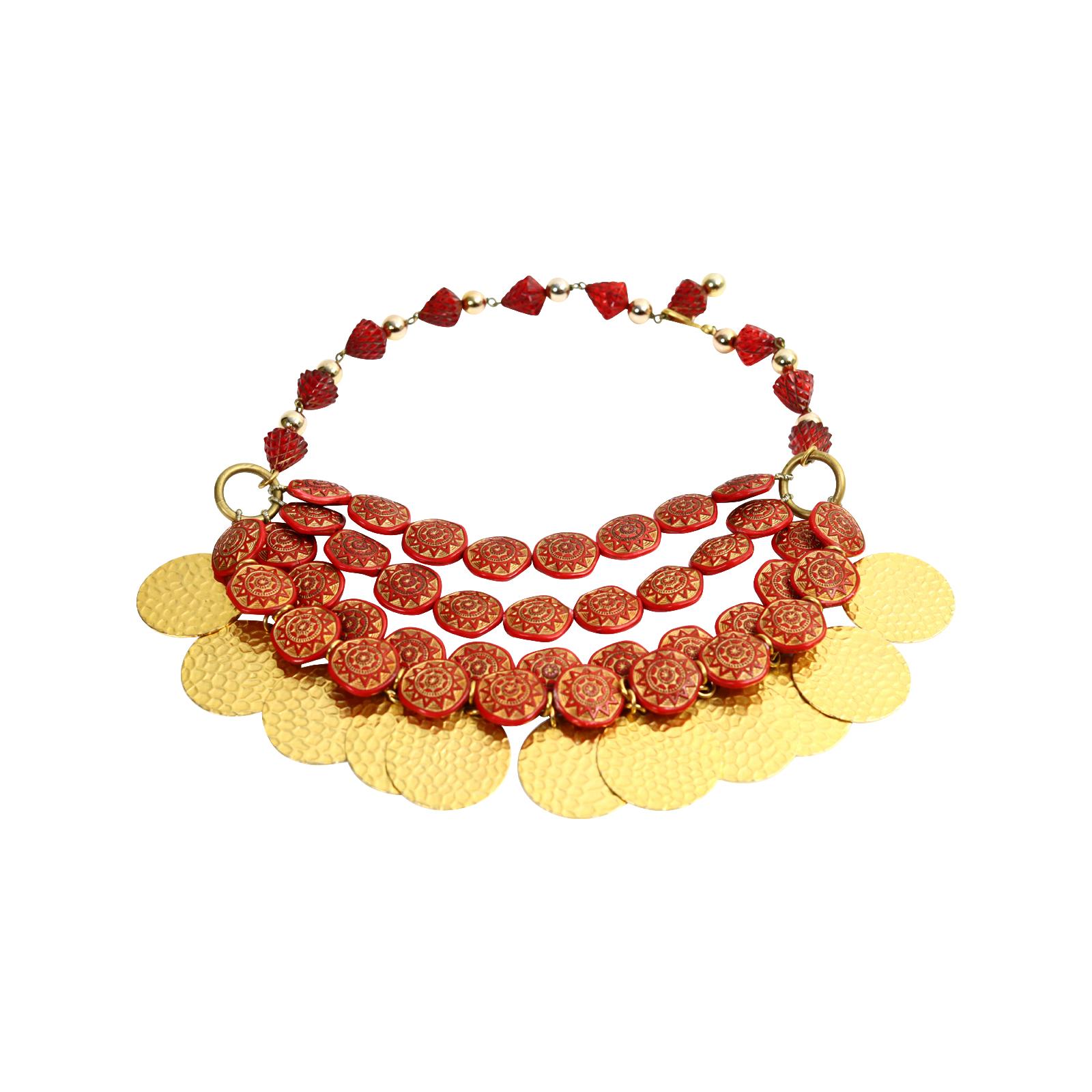 Vintage Yves Saint Laurent YSL Gold Tone Red Discs Dangling Choker Circa 1980s For Sale 1