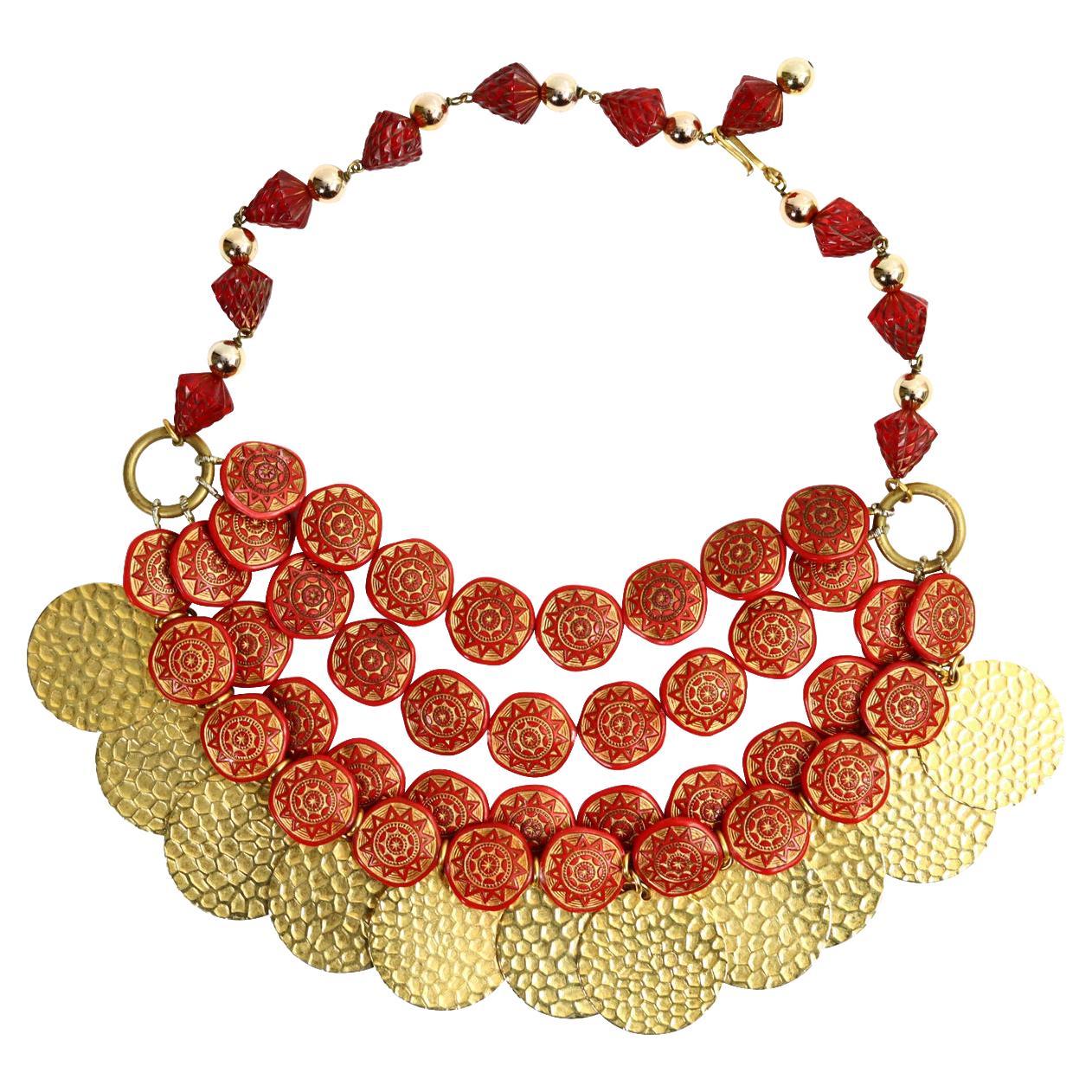 Women's or Men's Vintage Yves Saint Laurent YSL Gold Tone Red Discs Dangling Choker Circa 1980s For Sale