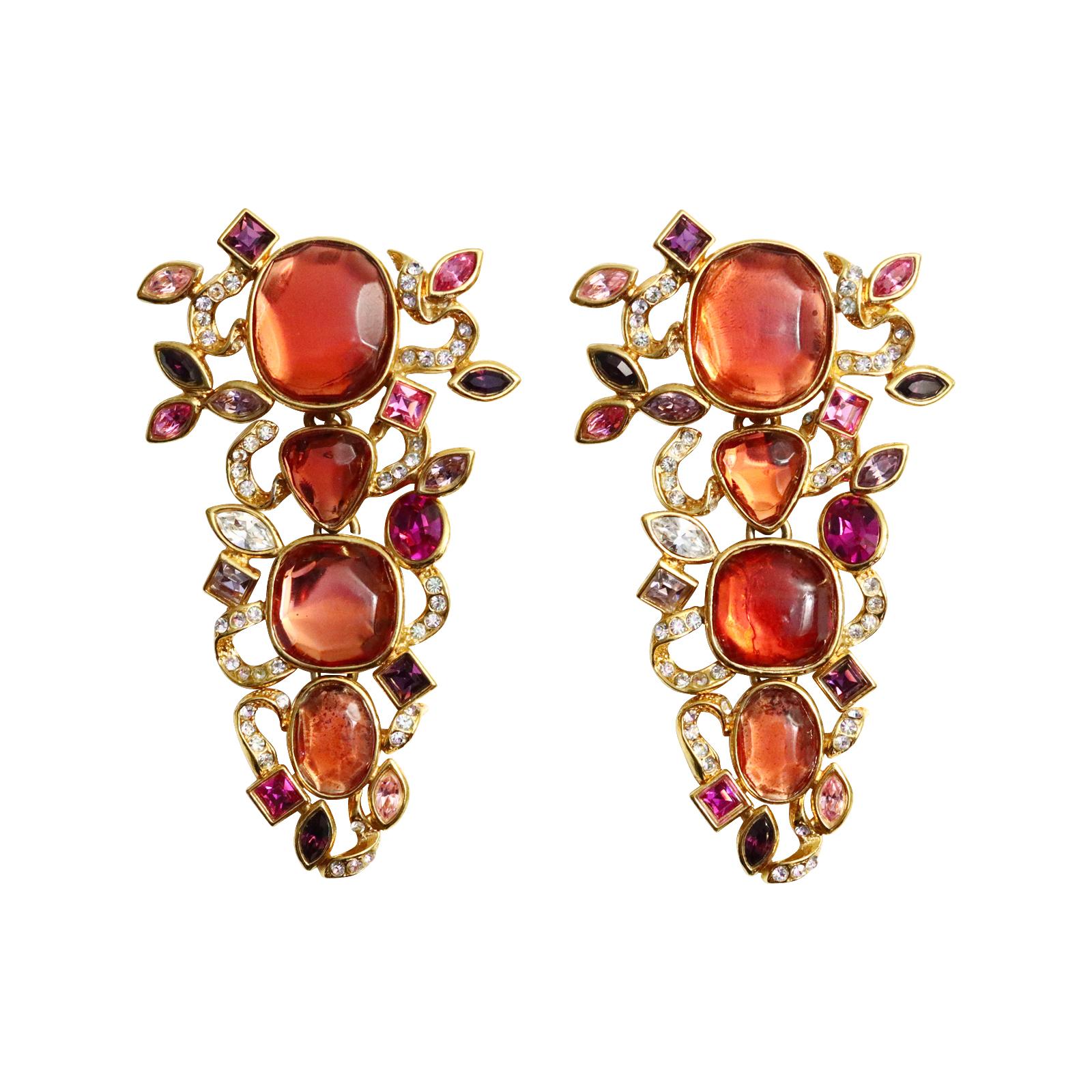 Vintage YSL Gold Tone with Varying Shades of Pink and Crystal.   Clip On. Another YSL that is just magnificent. These are definitely from the 1980s, but they remain so relevant today and are not mass-market products.  When you have these, you have