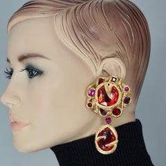 Vintage YVES SAINT LAURENT Ysl Goossens Ruby Rhinestone Flower Dangling Earrings