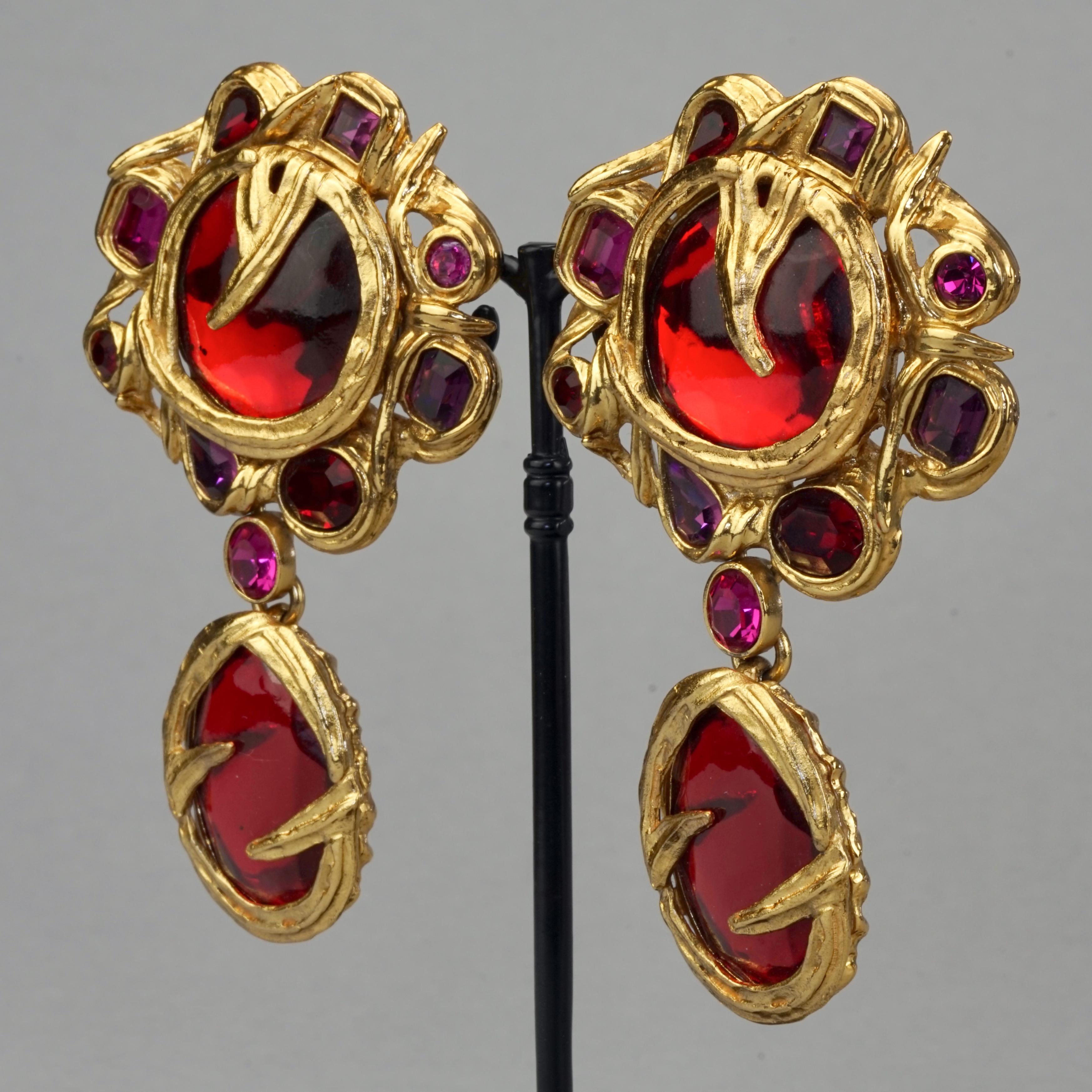 Women's Vintage YVES SAINT LAURENT Ysl Goossens Ruby Rhinestone Flower Dangling Earrings