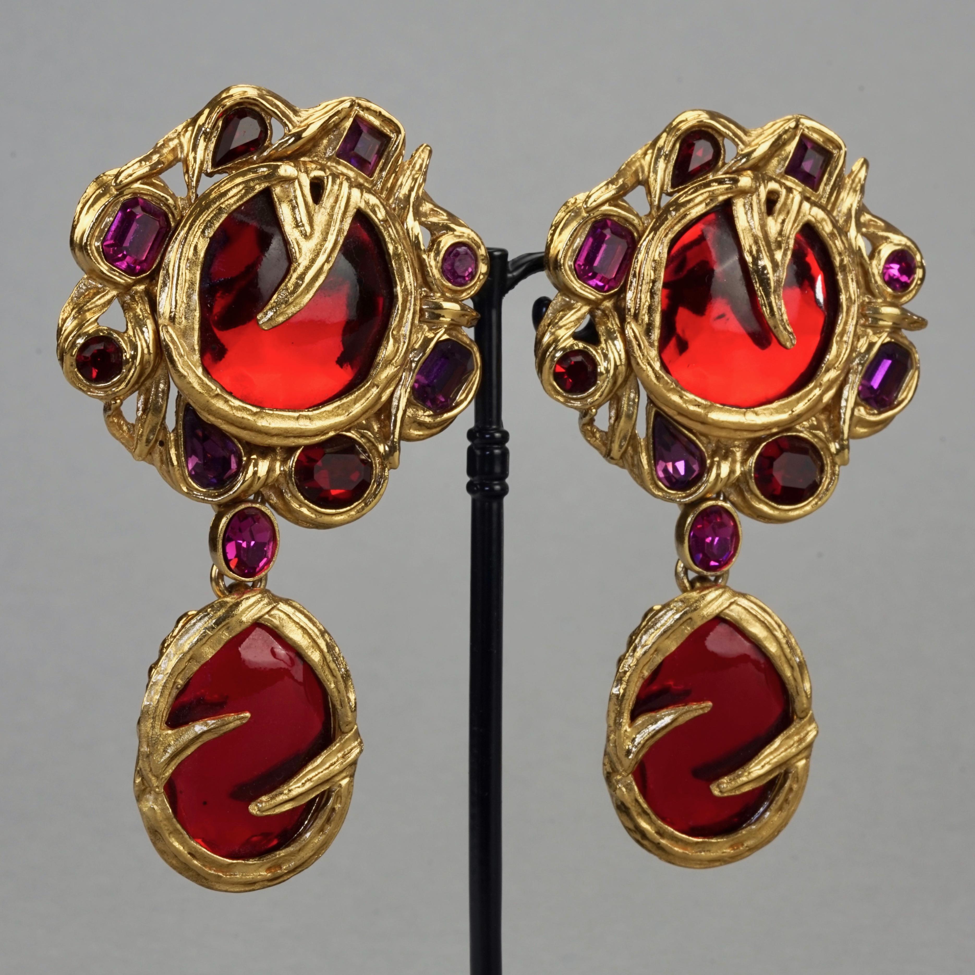 Vintage YVES SAINT LAURENT Ysl Goossens Ruby Rhinestone Flower Dangling Earrings 1