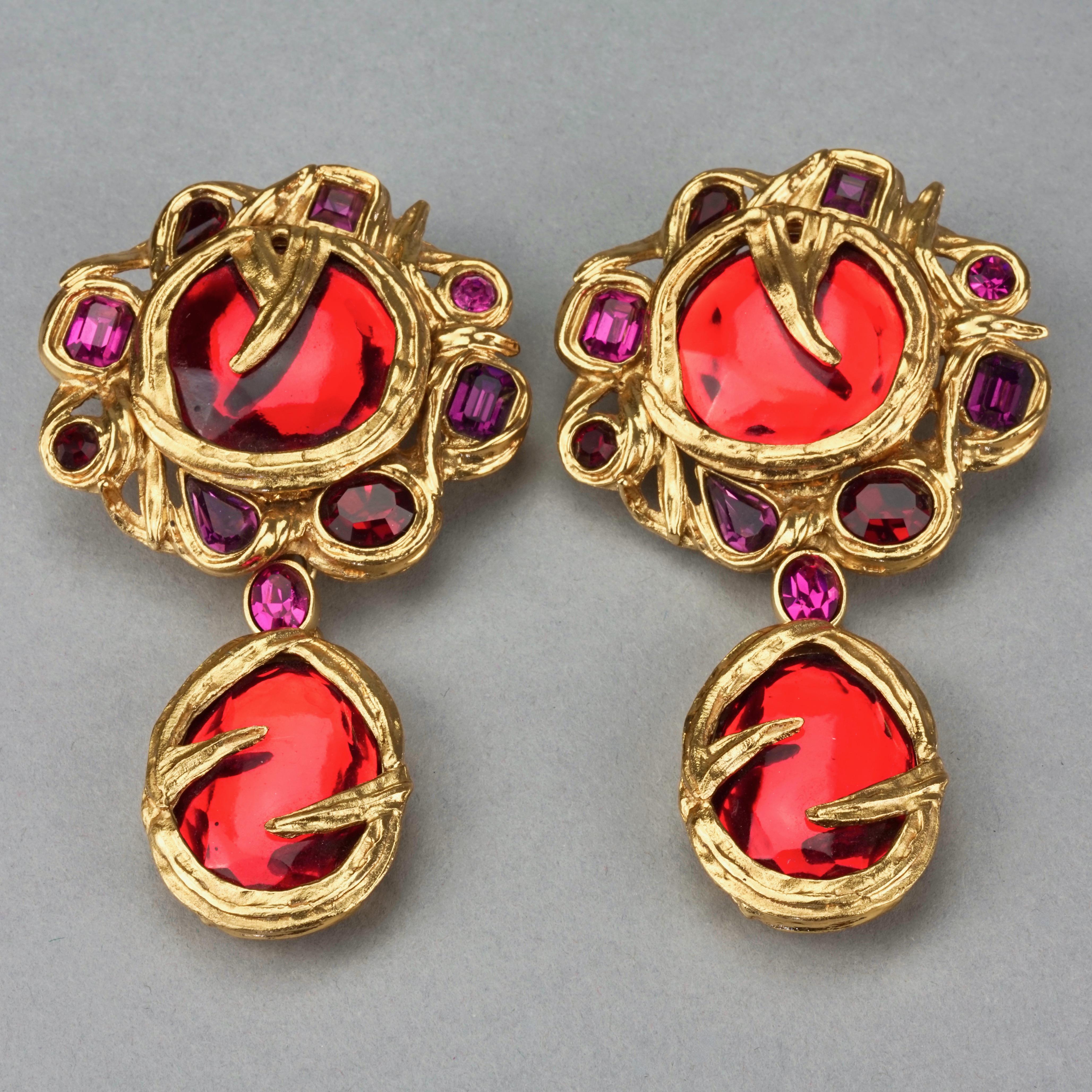 Vintage YVES SAINT LAURENT Ysl Goossens Ruby Rhinestone Flower Dangling Earrings 2