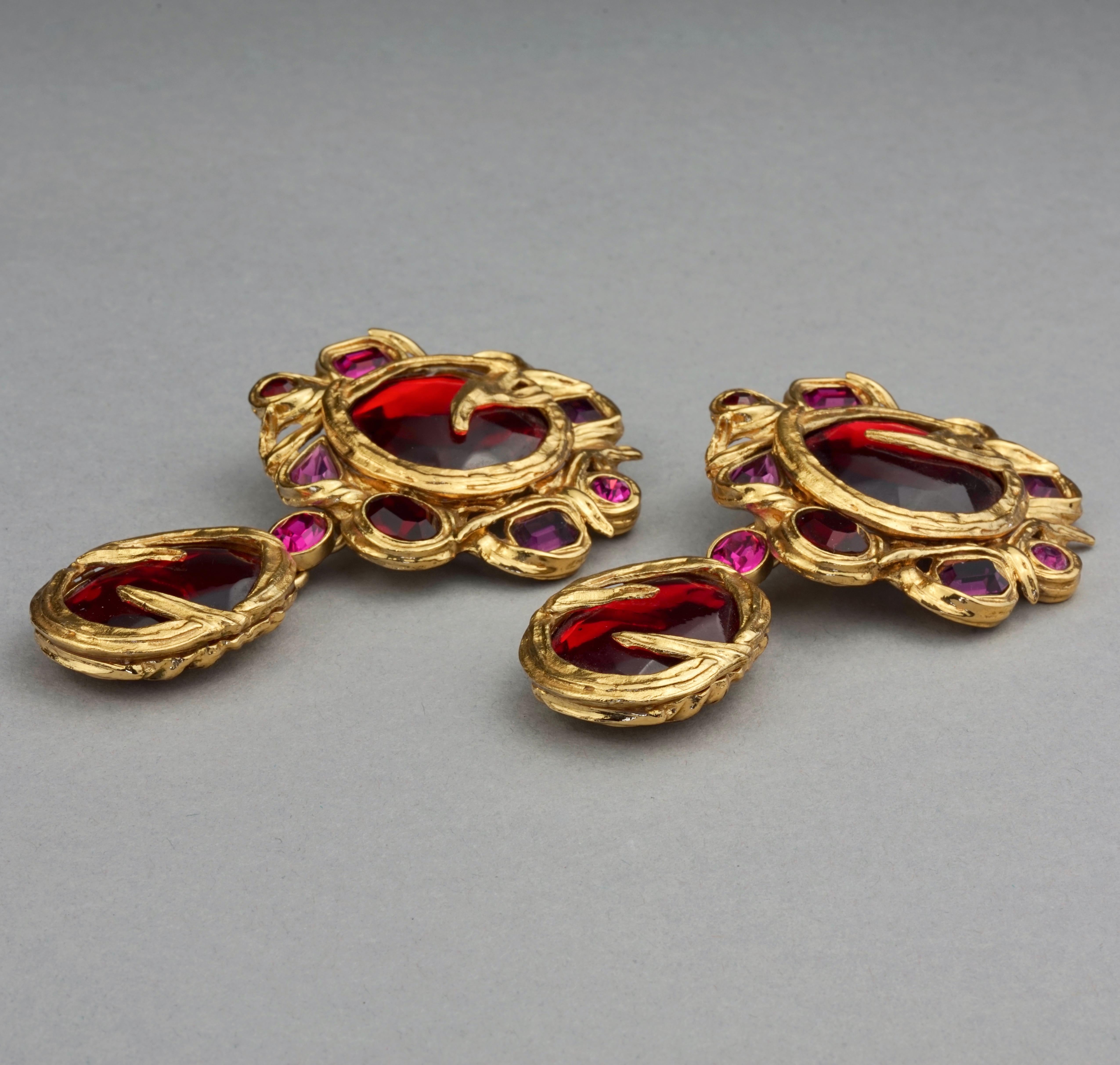 Vintage YVES SAINT LAURENT Ysl Goossens Ruby Rhinestone Flower Dangling Earrings 3