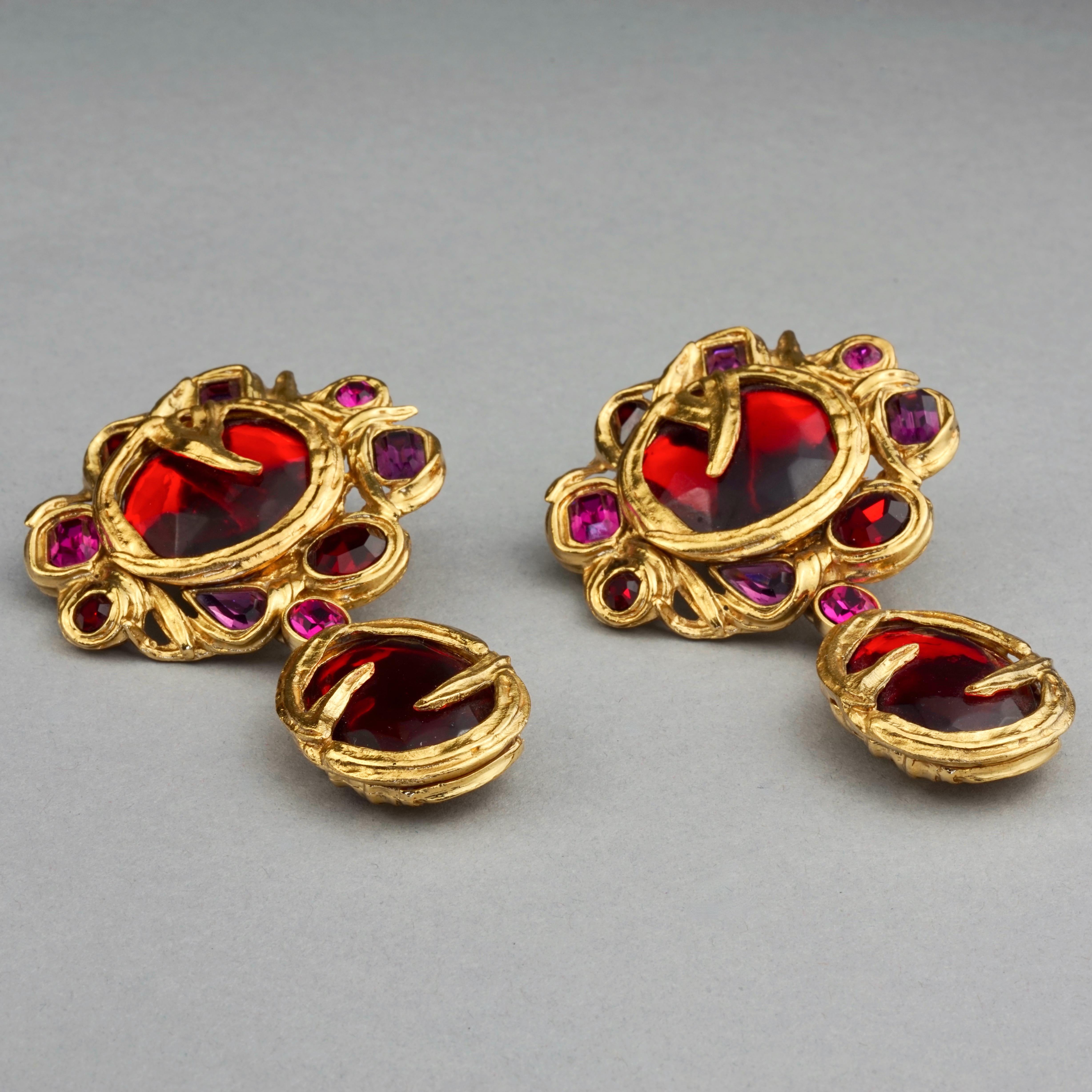 Vintage YVES SAINT LAURENT Ysl Goossens Ruby Rhinestone Flower Dangling Earrings 4