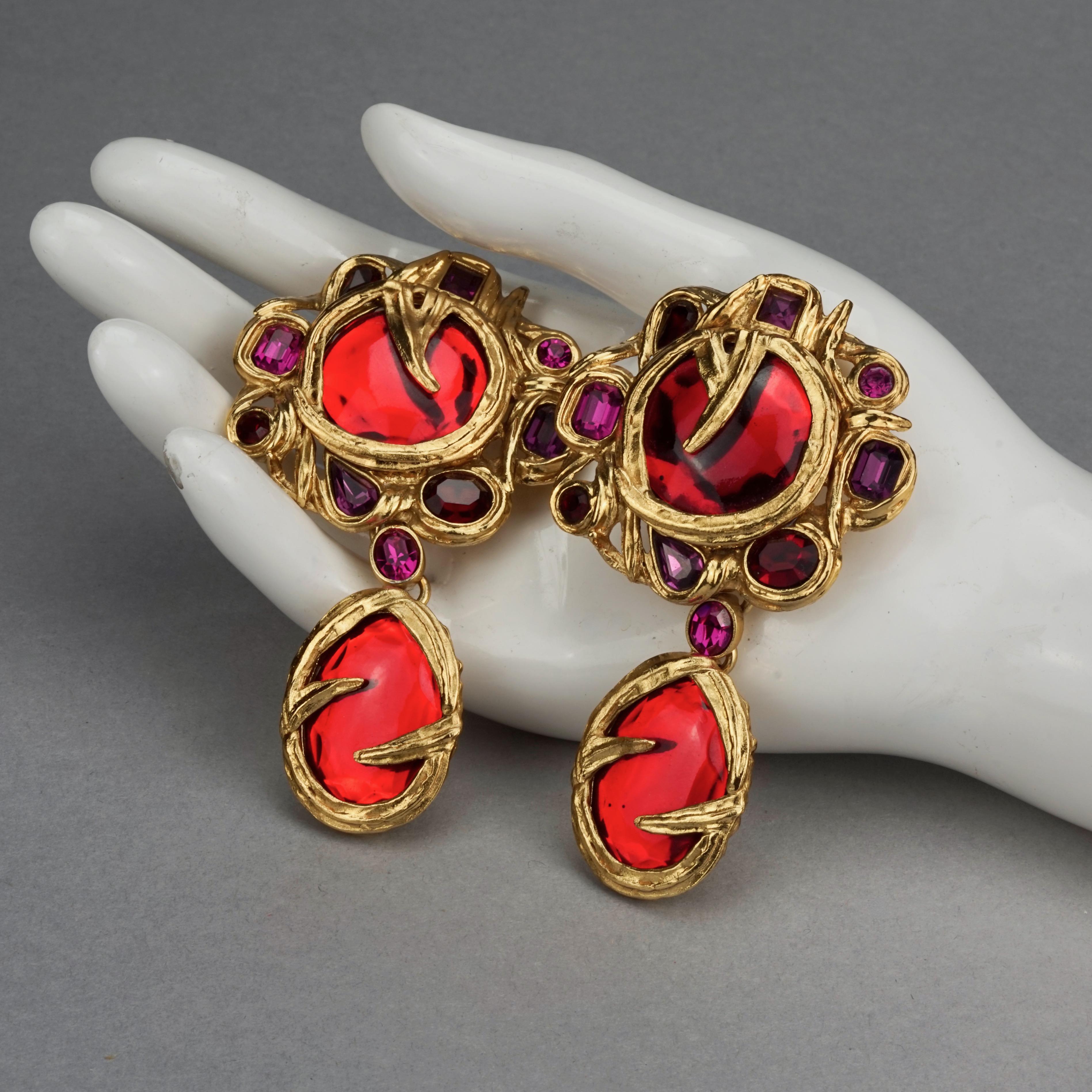 Vintage YVES SAINT LAURENT Ysl Goossens Ruby Rhinestone Flower Dangling Earrings 5