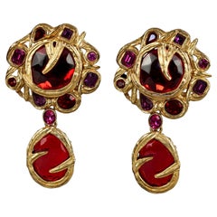 Vintage YVES SAINT LAURENT Ysl Goossens Ruby Rhinestone Flower Dangling Earrings
