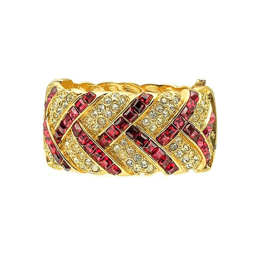 Vintage Yves Saint Laurent YSL Grand Fancy Cut Ruby Crystal Cuff 1980s In Good Condition For Sale In Wilmslow, GB