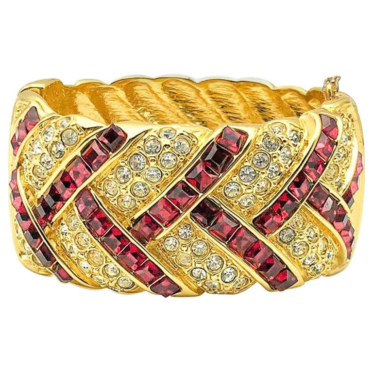 Vintage Yves Saint Laurent YSL Grand Fancy Cut Ruby Crystal Cuff 1980's For Sale