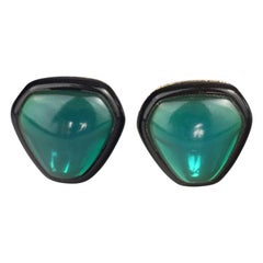 Vintage YVES SAINT LAURENT Ysl Green Cabochon Black Enamel Earrings