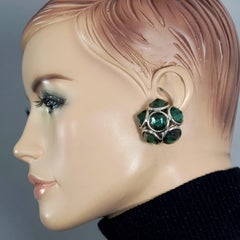 Vintage YVES SAINT LAURENT Ysl Green Flower Dome Rhinestones Earrings