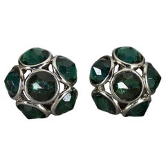 Vintage YVES SAINT LAURENT Ysl Green Flower Dome Rhinestones Earrings
