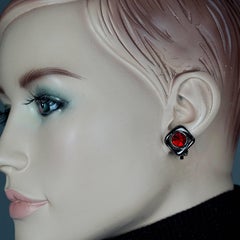 Vintage YVES SAINT LAURENT Ysl Gunmetal Ruby Rhinestone Earrings