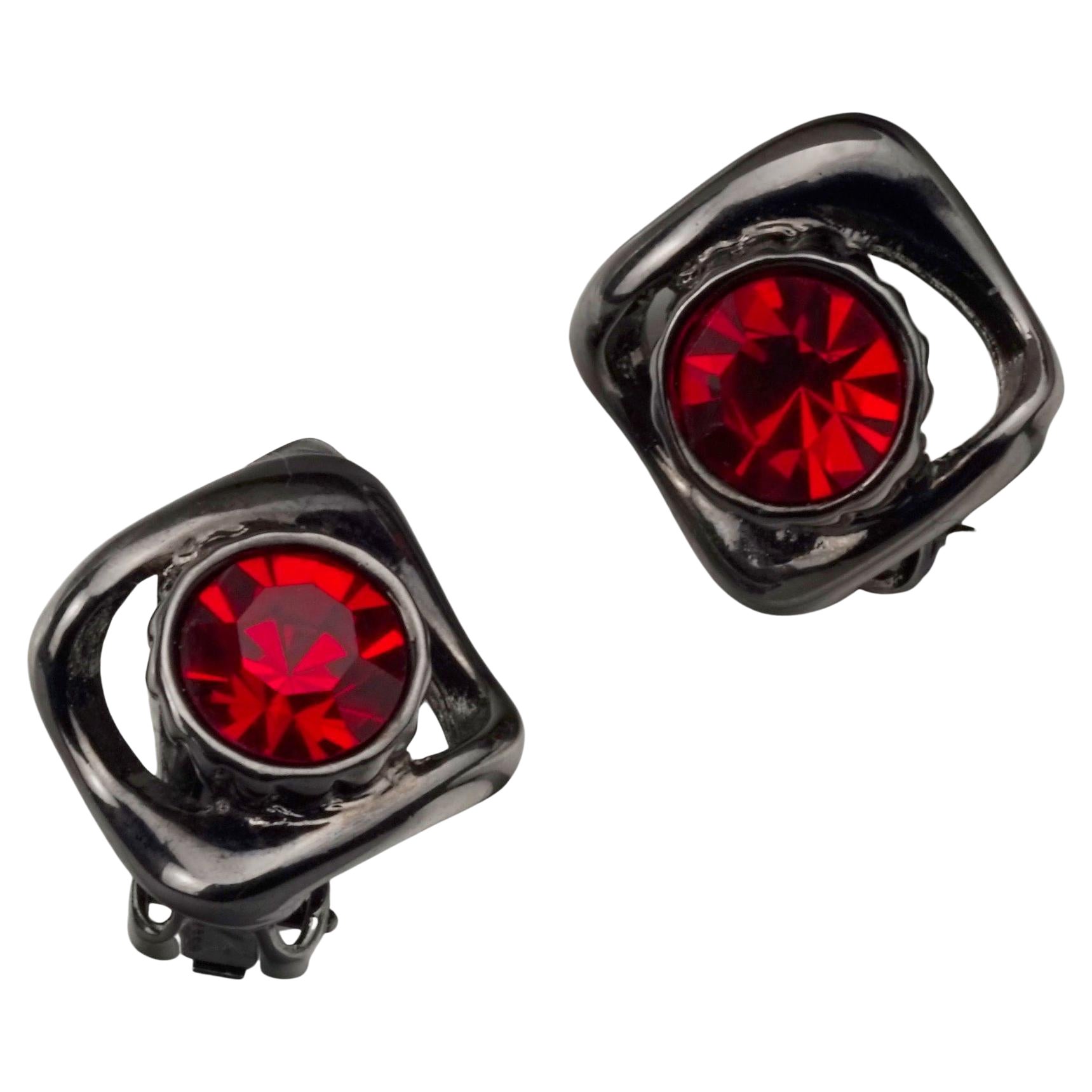 Vintage YVES SAINT LAURENT Ysl Gunmetal Ruby Rhinestone Earrings For Sale